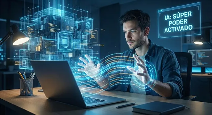 Desarrollador trabajando con inteligencia artificial como superpoder