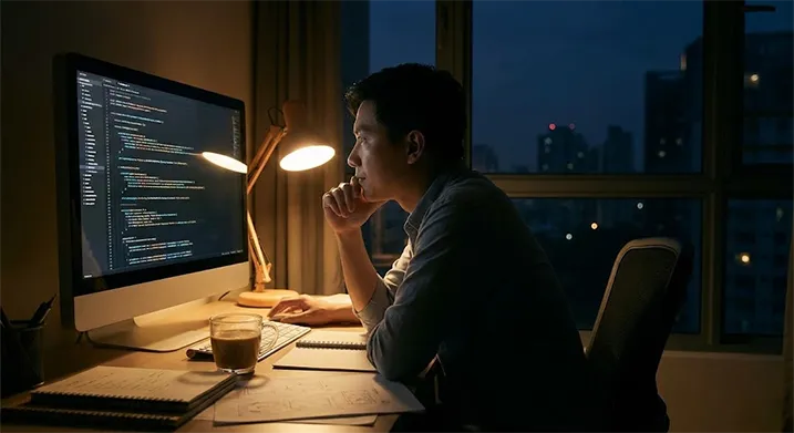 Desarrollador trabajando de noche con código en la pantalla