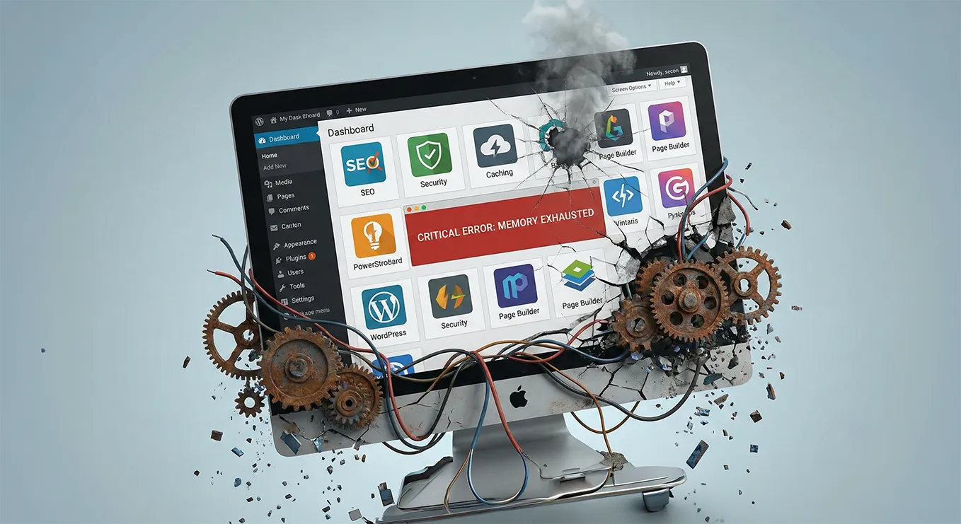Panel de plugins de WordPress saturado con extensiones
